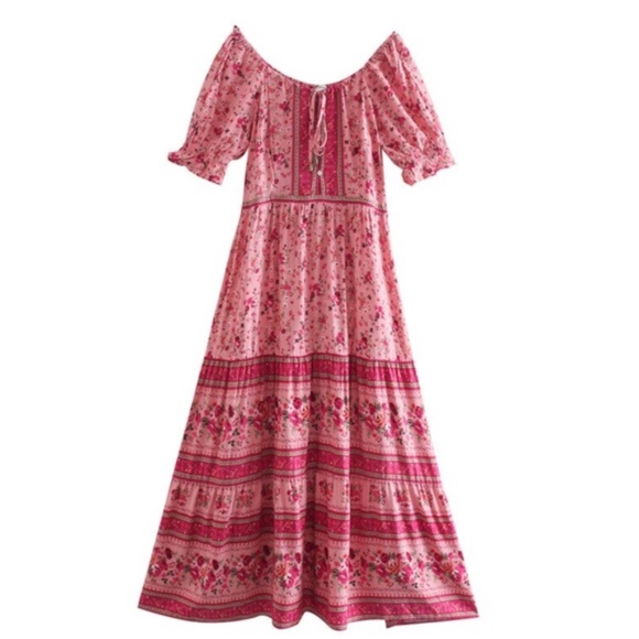 Boho Pink Floral Print Off Shoulder Midi Dress - Picture 5 of 14